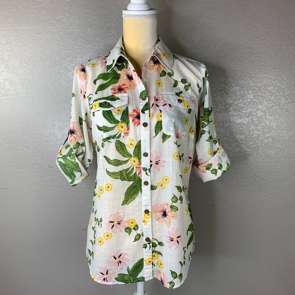 Croft & Barrow Sheer Floral Button Front Shirt - Picture 4 of 7